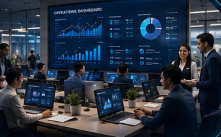 An open-plan office working from a shared operations dashboard.