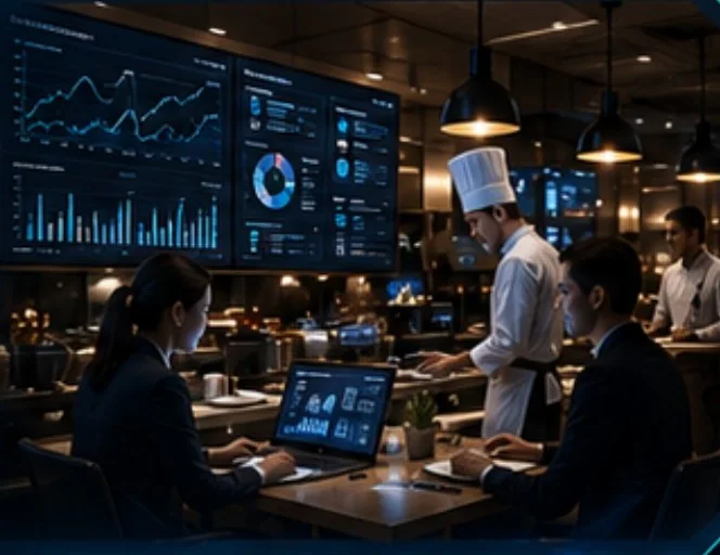 A restaurant team with live sales dashboards on the wall.