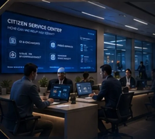 A citizen service centre with a public information screen.