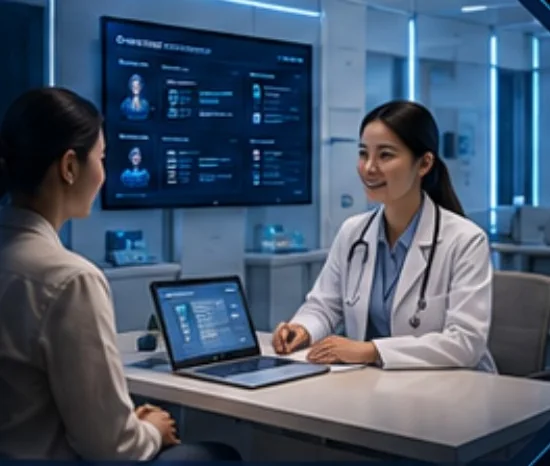 A clinic front desk where a doctor and patient talk, with a Hivora dashboard behind them.