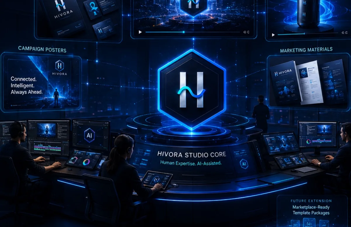 The Hivora Studio: a creative team producing posters, videos and branding assets.